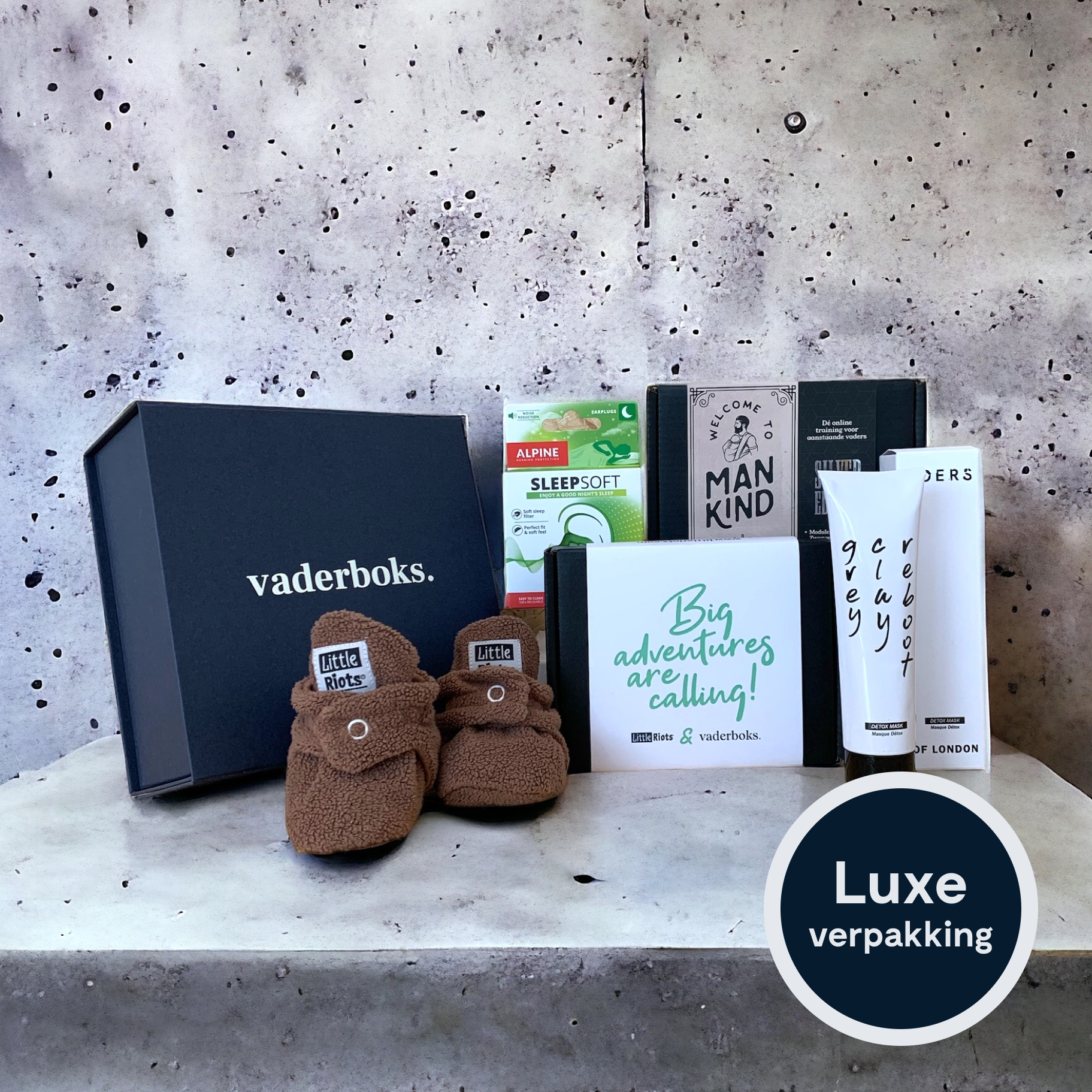 Zachte Landing Vaderboks luxe verpakking en producten uitgestald cadeau nieuwe vaders